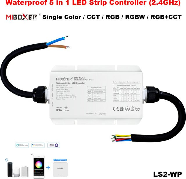 MiBoxer LS2 Smart LED Outdoor Controller 2,4 GHz RF 5in1 Wasserdichter Controller für Einzelfarbe, CCT, RGB, RGBW und RGB+CCT LED-Streifen (DC12V-48V) - Bild 1