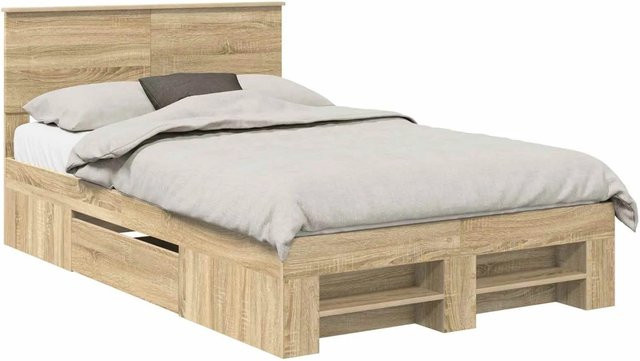 vidaXL Bettrahmen mit Kopfteil aus Holzwerkstoff in Sonoma-Eiche, Farbe: Braun, B/T/H: 138 x 200 x 90 cm - Bild 1