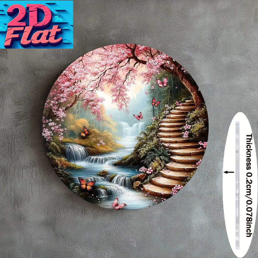 Potdemiel 2D-Retro-Aluminium-Wandkunst Rund mit Kirschblüten, Schmetterlingen und Wasserfall-Waldlandschaft in Mehrfarbig - Bild 2