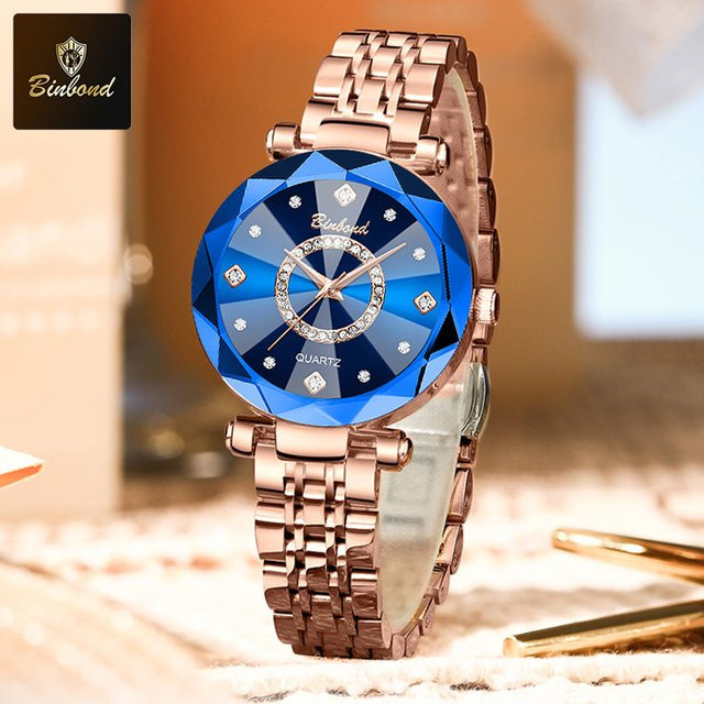 BINBOND Armbanduhr Quarz, Edelstahl, Roségold, Blau, Leder, Damen - Bild 1