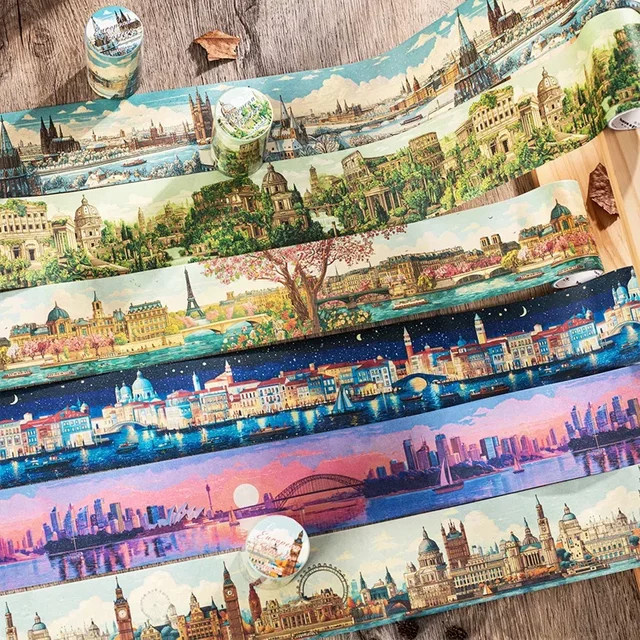 Leaffei Washi-Tape-Set Reisendennotizen mit europäischem Reisethema, 6 Vintage-Designs für Scrapbook und Collagen, Multicolour - Bild 1