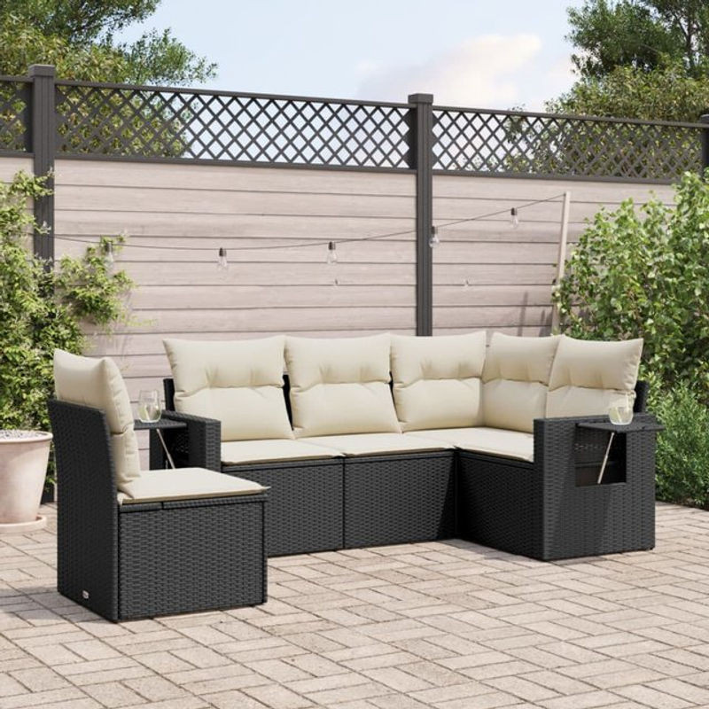 Vidaxl Garten-Sitzgruppe aus schwarzem PE-Rattan mit Kissen in Beige, 5-teiliges modernes Set - Bild 1