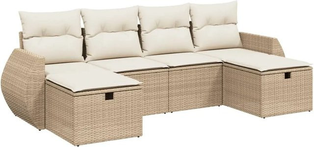 vidaXL 6-teilige Garten-Sofagarnitur aus Poly-Rattan mit Kissen in Beige-Creme - Bild 1