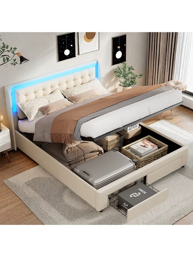 Anajqaqia Polsterbett aus Samt mit LED-Beleuchtung, USB-Ladefunktion und 2 Schubladen, Doppelbett mit hydraulischem Stauraum, Beige, B: 180 cm, T: 200 cm - Bild 5