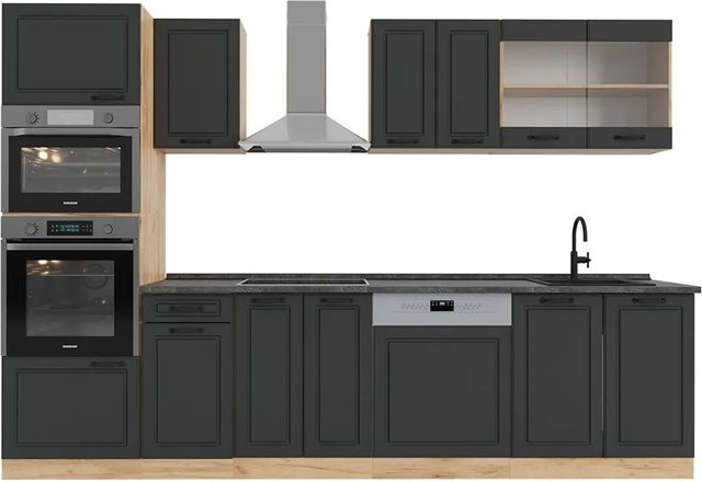 Vicco R-Line Küchenzeile Landhausstil in Anthrazit und Eiche mit Hochschrank, Breite: 300 cm - Bild 1