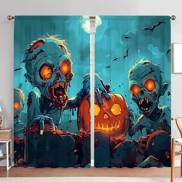 2er-Set Halloween Vorhänge mit Zombie-Kürbis-Print, Schwarz, B: 52,5 cm, H: 116 cm - Bild 1