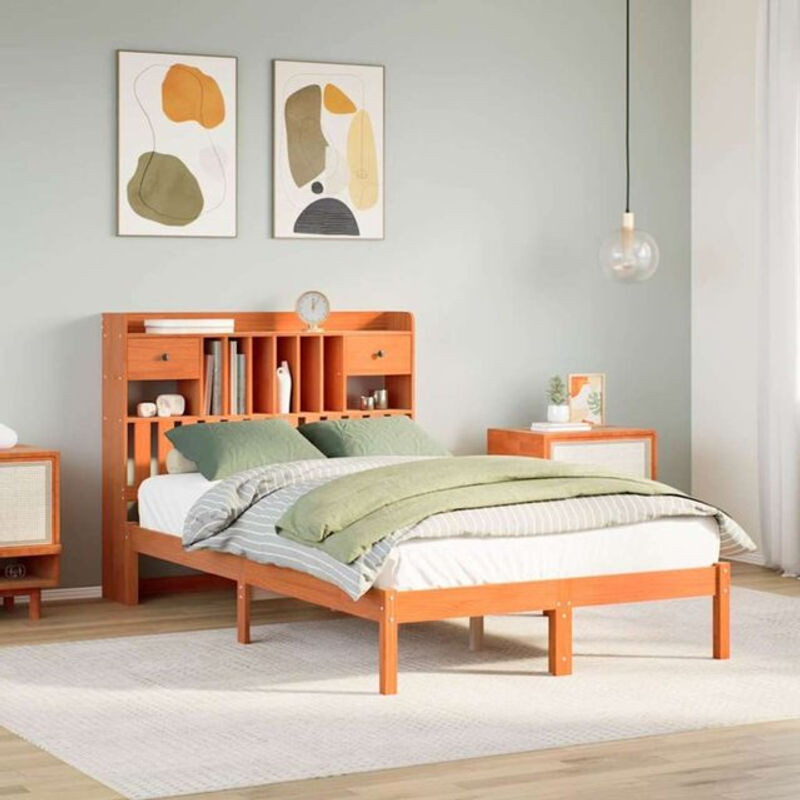 Massivholzbett aus Kiefer mit Regal in Braun von Vidaxl, B/T/H: 135 x 190 cm - Bild 1