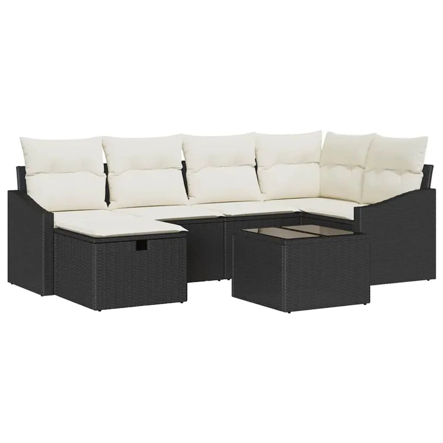 vidaXL Garten-Sofa-Set 7-tlg. in L-Form mit Kissen, Ottoman und Couchtisch, Schwarz und Beige - Bild 2