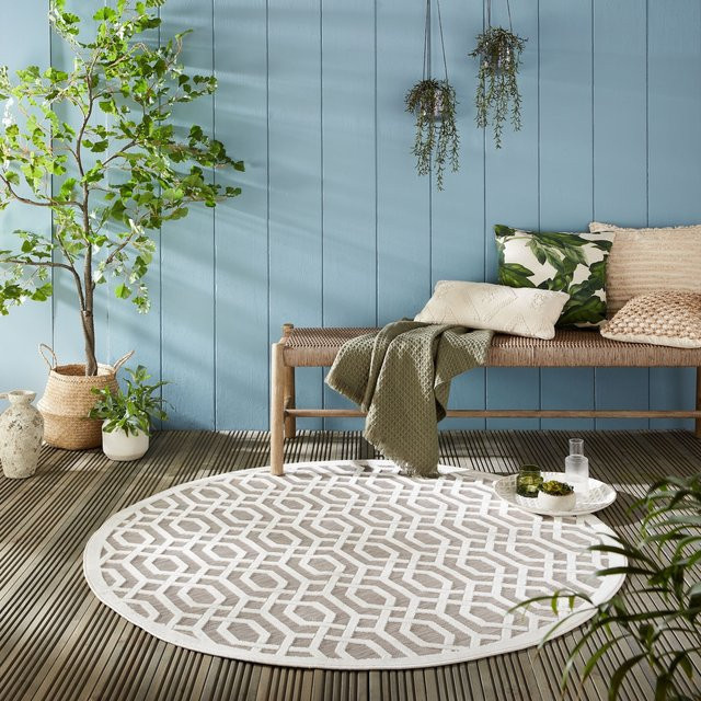 Waschbarer Outdoor-Teppich Kadima Design in Grau-Beige mit Gittermuster, Durchmesser: 160 cm - Bild 1