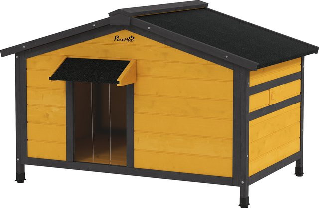 Aosom Hundehaus für draußen aus Naturholz in Braun mit klappbarem Asphaltdach, 2 Fenstern, Türvorhang und herausnehmbarer Basis, B/T/H: 97 x 72 x 65 cm - Bild 1