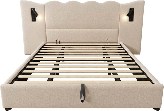 AB Store Polsterbett Doppelbett Beige mit wellenförmigem Kopfteil, integrierter Leselampe und USB-Ladeanschluss, H x B x T: 215 x 252 x 111 cm - Bild 1