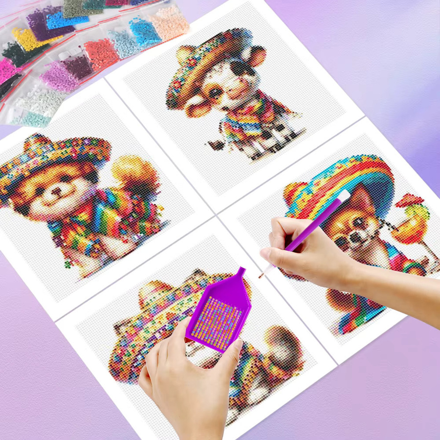 HUACAN 4er Set Diamantmalerei mit Tier-Motiven Katze und Hund als DIY Mosaik-Set in Mehrfarben mit runden Steinen - Bild 2