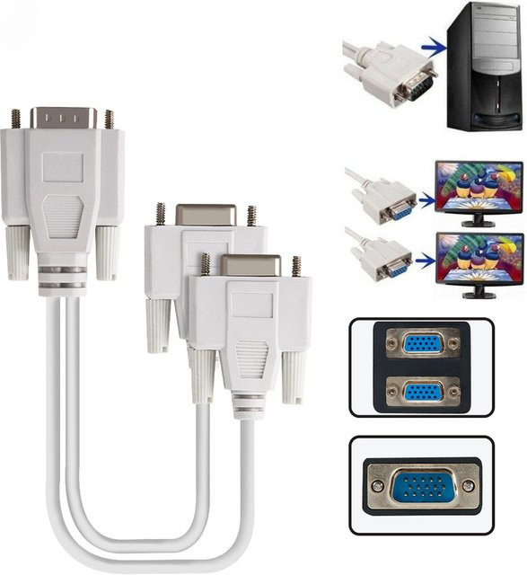 VGA SVGA Y-Adapter Splitterkabel von BSN: 1 PC auf 2 Monitor Stecker auf 2 Dual Buchse, 15 PIN, Farbe: Weiß, Länge: 25 cm - Bild 1