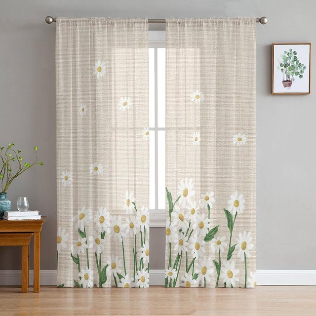 A Family Of Home Textiles Transparenter Voile-Vorhang mit weißem Daisy-Blumenmuster für Wohnzimmer, Küche oder Schlafzimmer, B: 135 cm, H: 137 cm - Bild 1
