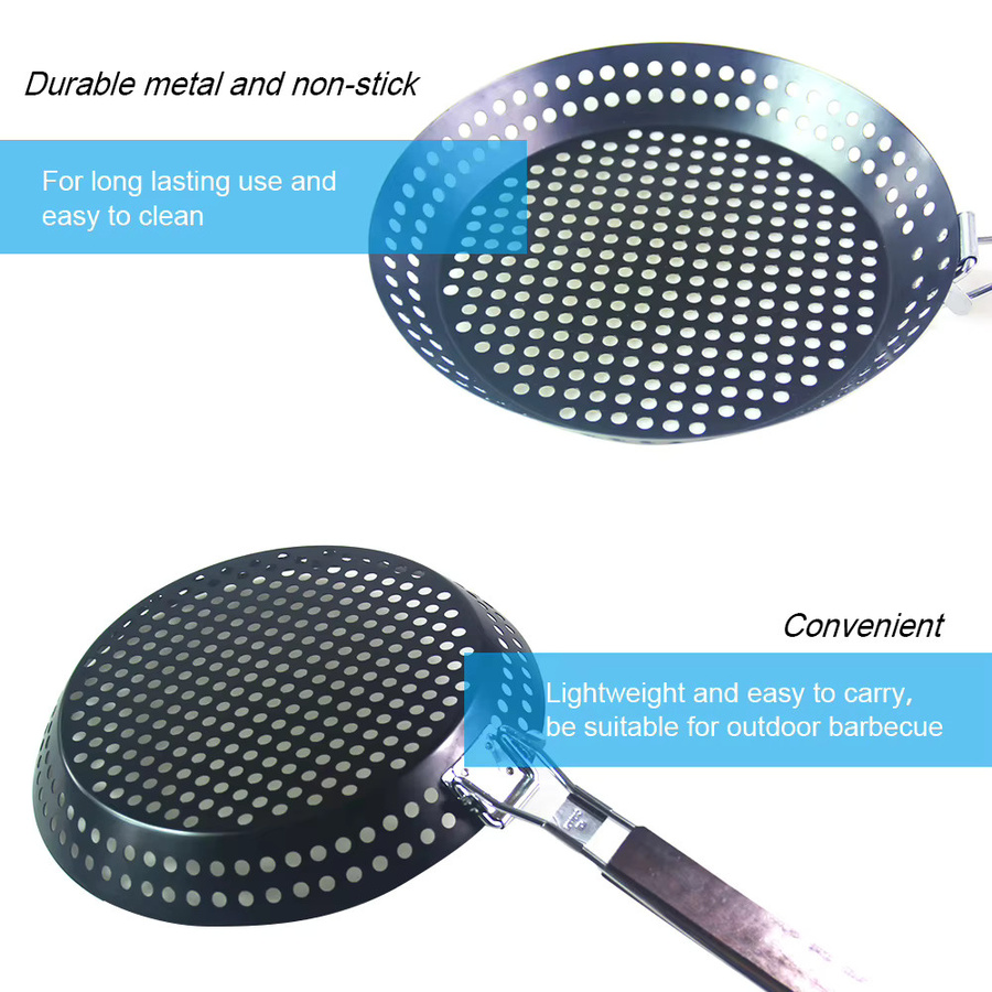 Antihaft Grillpfanne aus Metall mit klappbarem Holzgriff und abnehmbaren Löchern in Schwarz, Durchmesser: 30,5 cm - Bild 3