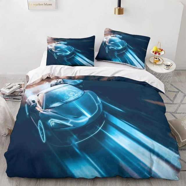 2-teiliges Bettwäscheset mit 3D Rennwagen-Print für Kinder und Teenager, Blau, B/H: 135 x 200 cm - Bild 1