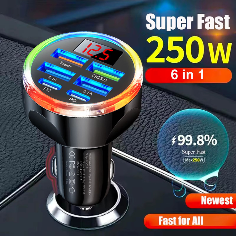 UYUXIO 6-in-1 USB-C Autoladegerät mit Spannungsanzeige und Voltmeter in Schwarz - Bild 2