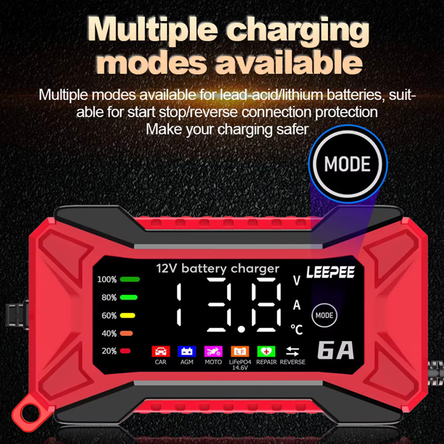 Intelligentes digitales LCD Batterie Ladegerät für SUV, Motorrad, LKW und Auto mit Puls Reparatur Funktion, 12 V, 6A, Farbe: Rot - Bild 3
