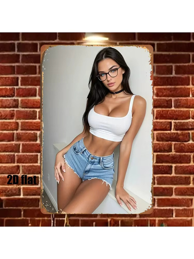 Metallblechschild CIFBUY Retro-Brunette in weißem Crop-Top und Jeans-Shorts, Wanddeko Mehrfarbig, B/H: 20,0 x 20,0 cm - Bild 2