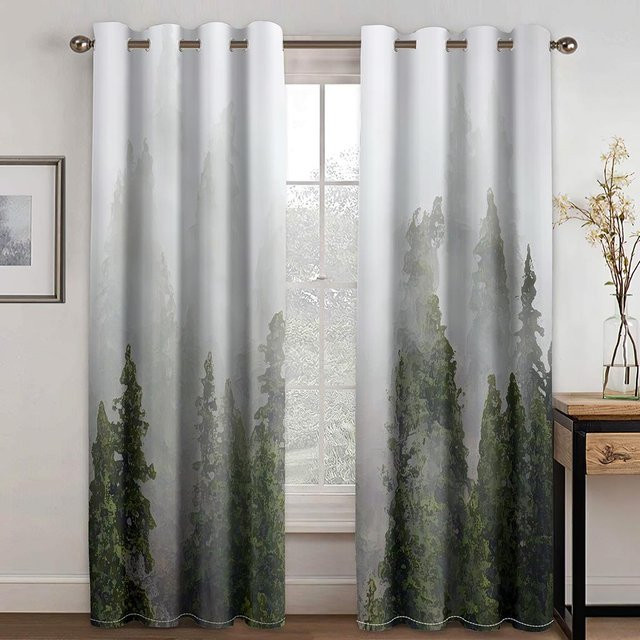 2er-Set halbtransparente Polyester-Vorhänge mit 3D-Wald-Naturprint in Grün und Grau, Breite: 100 cm, Höhe: 130 cm - Bild 1