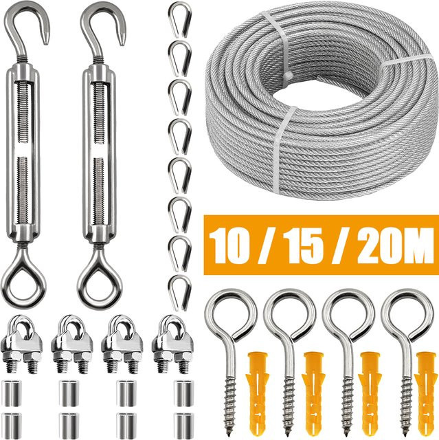 Lekefever Edelstahl Drahtseil Set mit PVC Beschichtung, 31-teiliges Kit für Camping und Wäscheleine, Silber, Durchmesser: 2 mm - Bild 1
