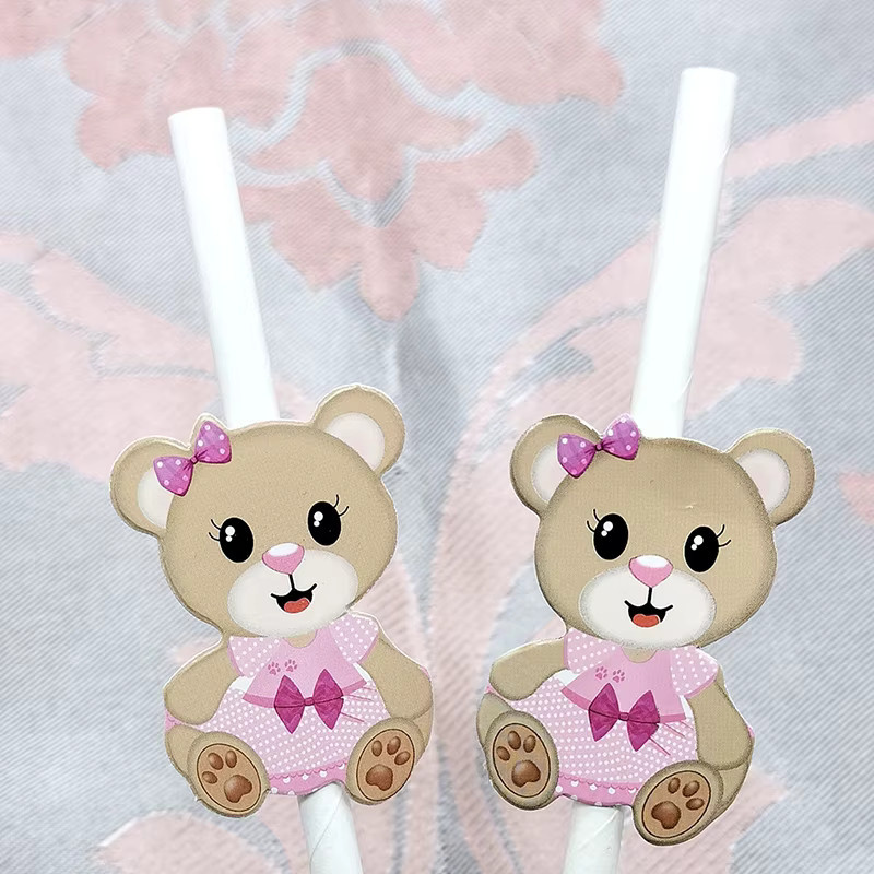 10 Stück Einweg Trinkhalme aus Papier mit Braunbär-Motiv für Kindergeburtstage und Babypartys - Bild 1