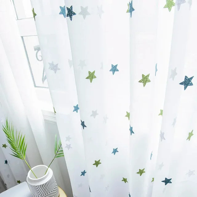 AiFish Transparente Gardinen mit Stern-Stickerei in Grün und Weiß für Kinderzimmer und Wohnzimmer - Bild 1