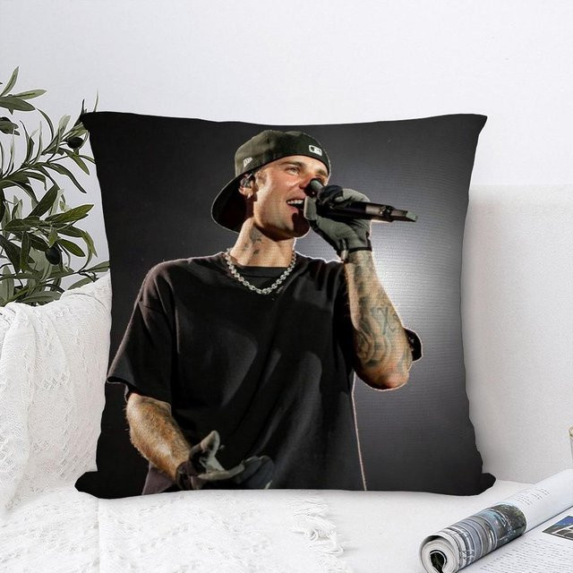 J-Justin weicher Plüsch Kissenbezug mit Justin Bieber Motiv in Schwarz, B/B: 66 x 66 cm - Bild 1