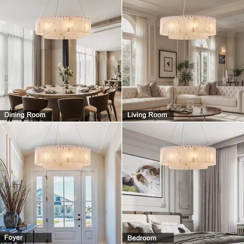 HomeLover Nordic Alabaster Marmor Kronleuchter, Dimmbare LED Ring Lampe aus Messing und Marmor in Weiß und Gold für Wohnzimmer und Esszimmer - Bild 2