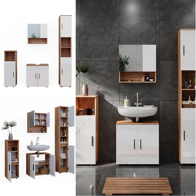 Vicco Badmöbelset Irma in Eiche und Weiß Hochglanz, modernes 4-teiliges Badezimmer-Set mit Spiegelschrank, Midischrank und Hochschrank - Bild 1