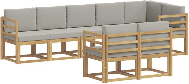 vidaXL Outdoor-Sofagarnitur in L-Form aus Akazienholz mit Kissen, 8-teilig, Weiß-hellgrau - Bild 1