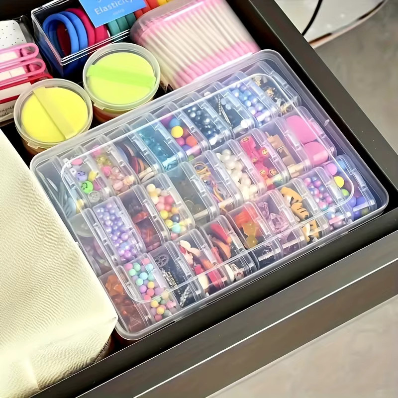 Transparente Kunststoff-Aufbewahrungsbox mit 14/30 Gittern, stapelbarer Organizer für Perlen, Schmuck und Kunsthandwerk inklusive Aufkleber, B/T/H: 30,0 x 22,5 x 14,0 cm - Bild 4