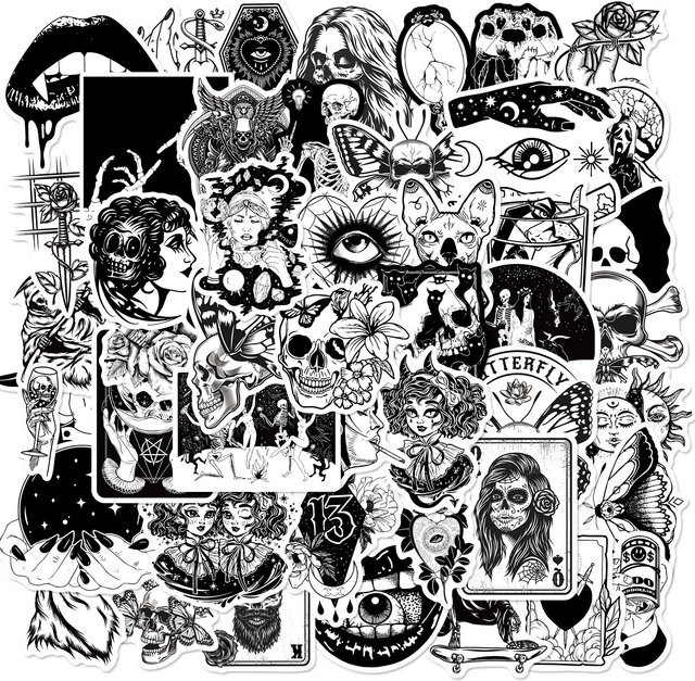 50 Stück Gothic-Aufkleber Set mit Punk-Schädeln und Horror-Skeletten in Multicolour für Laptop und Buch - Bild 1