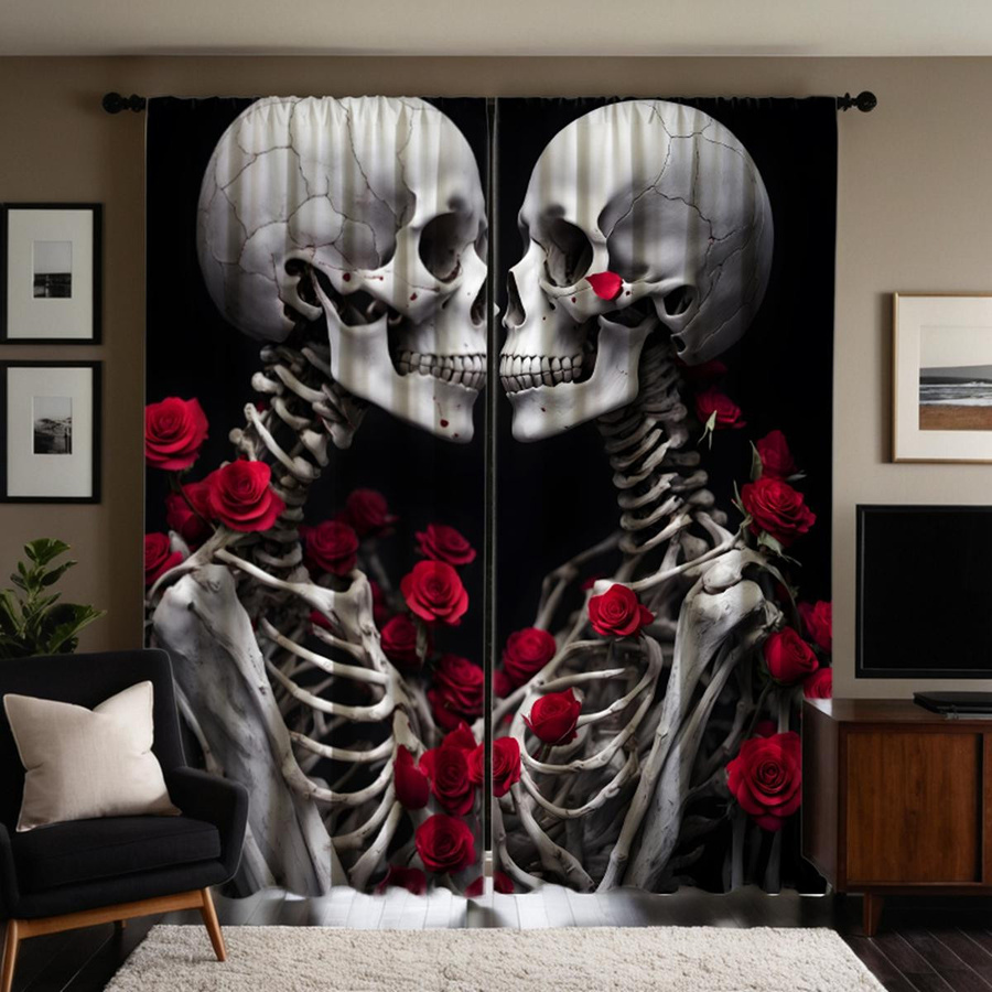 2er-Set Vorhang mit Totenkopf-Rose-Print in Schwarz von Household supplies MH, halbtransparent, B: 132 cm, H: 160 cm - Bild 4