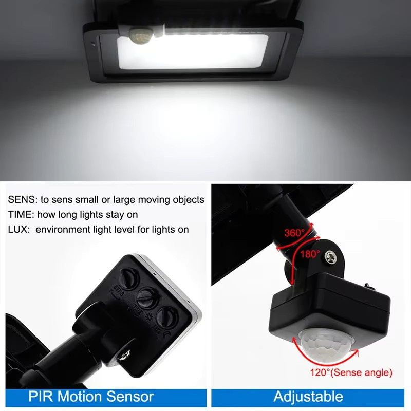 Adiodo LED-Flutlicht mit PIR-Bewegungsmelder, wasserdichte Außenwandleuchte IP66, modern und rechteckig, Schwarz - Bild 4