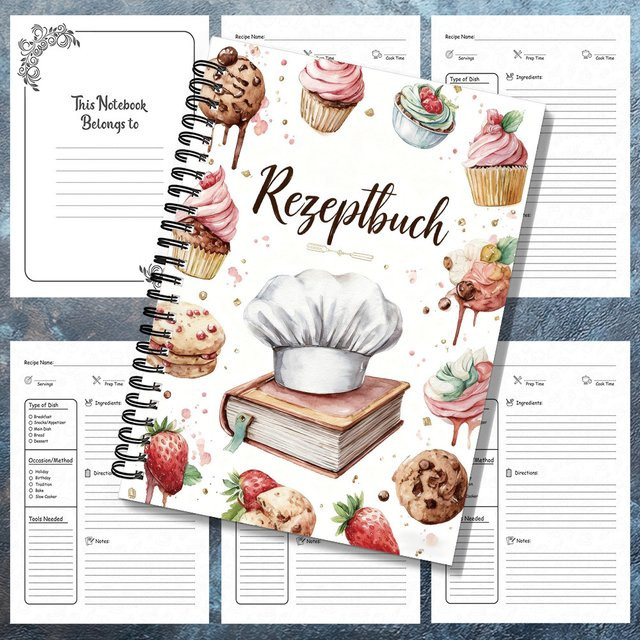 Rezept-Notizbuch mit Kochmützen-Design, leeres Kochbuch für Kochbegeisterte, A5, Weiß - Bild 1