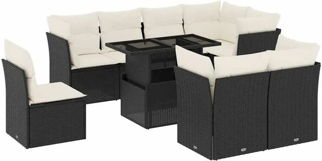 vidaXL 9-teilige Garten-Sofagarnitur aus Poly-Rattan in Schwarz mit cremeweißen Kissen und Gartentisch - Bild 1