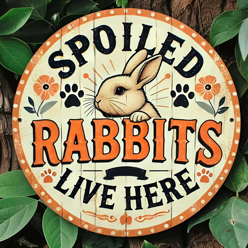 Potdemiel Retro-Häschen-Wanddekoration aus Metall mit floralem Design und Spruch Spoiled Rabbits Live Here in Orange, Durchmesser: 20 cm - Bild 5