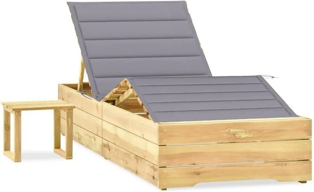 Furnicato Garten-Sonnenliege aus imprägniertem Kiefernholz mit Tisch, Auflage und Seitentisch in Grau, B/T/H: 198 x 90 x 30-75 cm - Bild 1