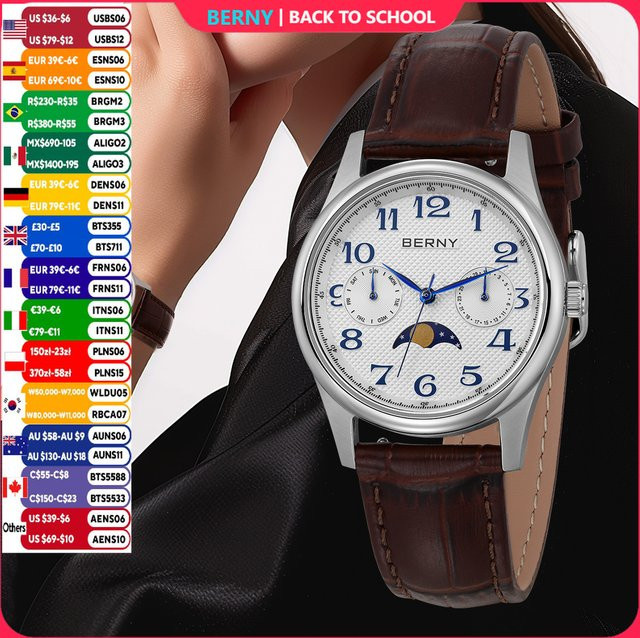 BERNY Armbanduhr, Quarz, Edelstahl, Leder, Mondphasen-Kalender, Damen - Bild 1
