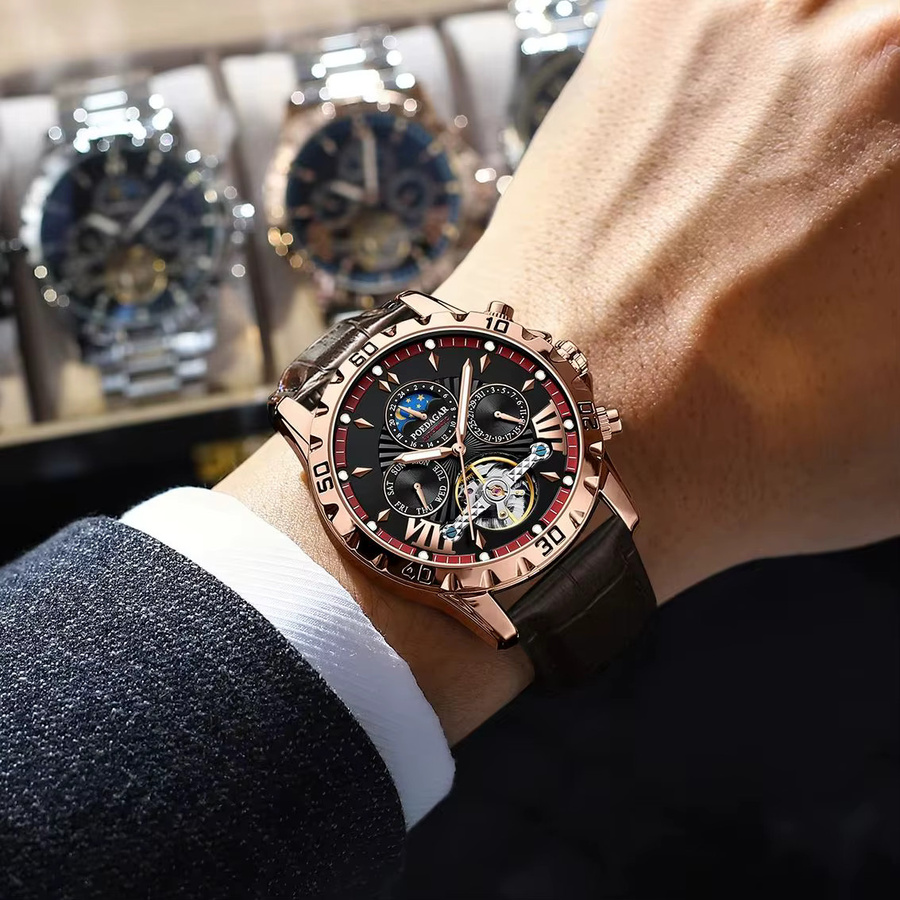 POEDAGAR Armbanduhr Tourbillon, Automatik, Leder, Herren, Schwarz, Roségold - Bild 6