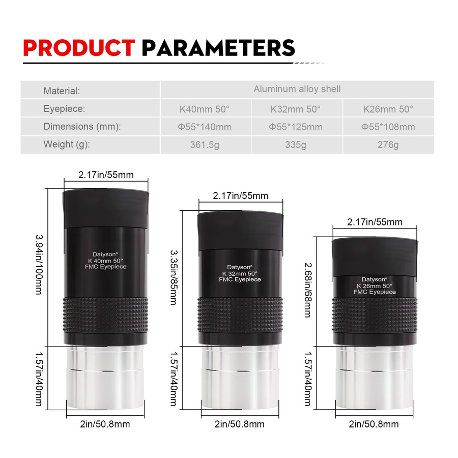 Datyson Teleskopokular Weitwinkel Set in Schwarz, mehrfach beschichtet, 26 mm, 32 mm und 40 mm, professionelles Zubehör für astronomische Teleskope - Bild 2