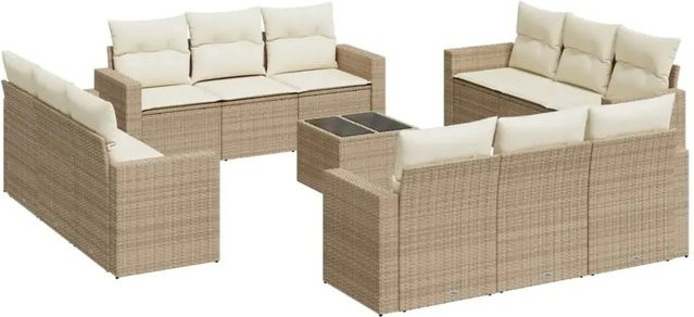 vidaXL 13-teilige Garten-Sofagarnitur in L-Form aus Polyrattan mit Kissen in Beige-Creme - Bild 1