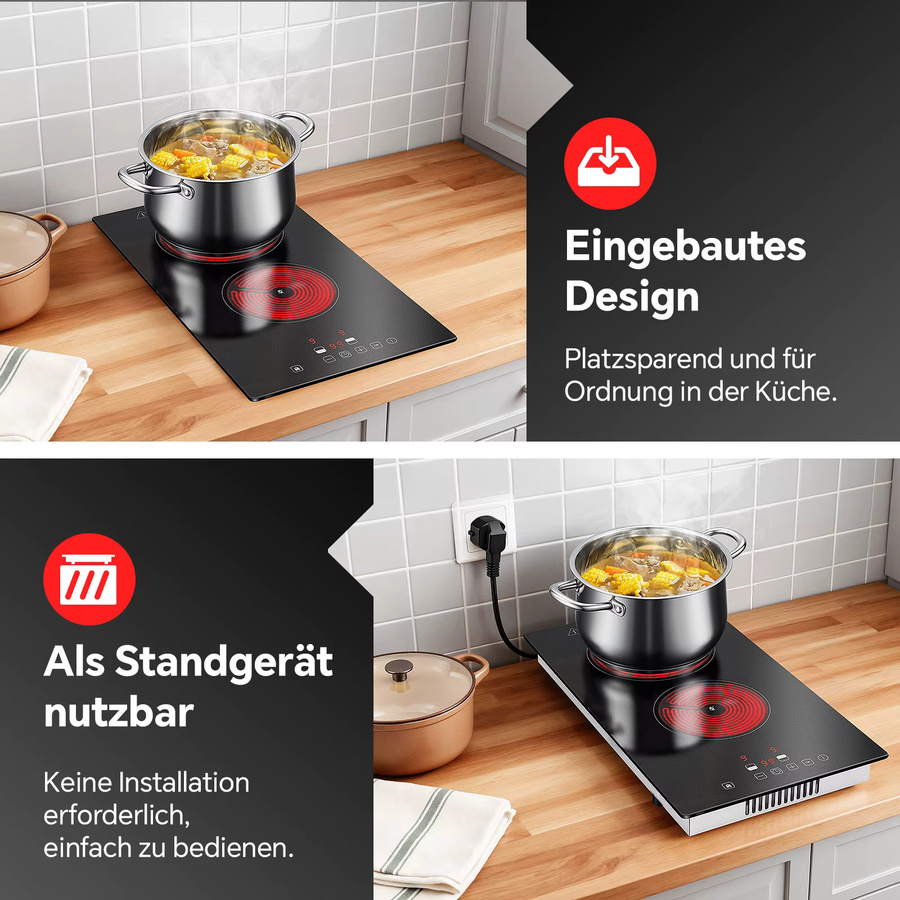 KICHPOWER Keramikkochfeld in Schwarz mit 2 Zonen, 3000W, Touch-Steuerung, 9 Leistungsstufen, Timer und Kindersicherung, Breite: 30 cm - Bild 6