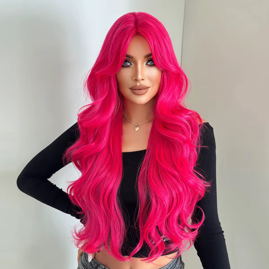 7JHH WIGS Perücke für Damen, lang gewellt, rosa, mit Mittelscheitel und Vorhang-Pony - Bild 2