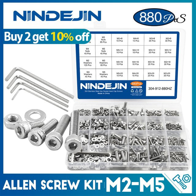 Nindejin 880-teiliges Sortiment Set aus Edelstahl Sechskant-Innensechskant-Schrauben und Muttern in Silber, M2 M3 M4 M5 mit Flachrundkopf und Kuppelkopf - Bild 1