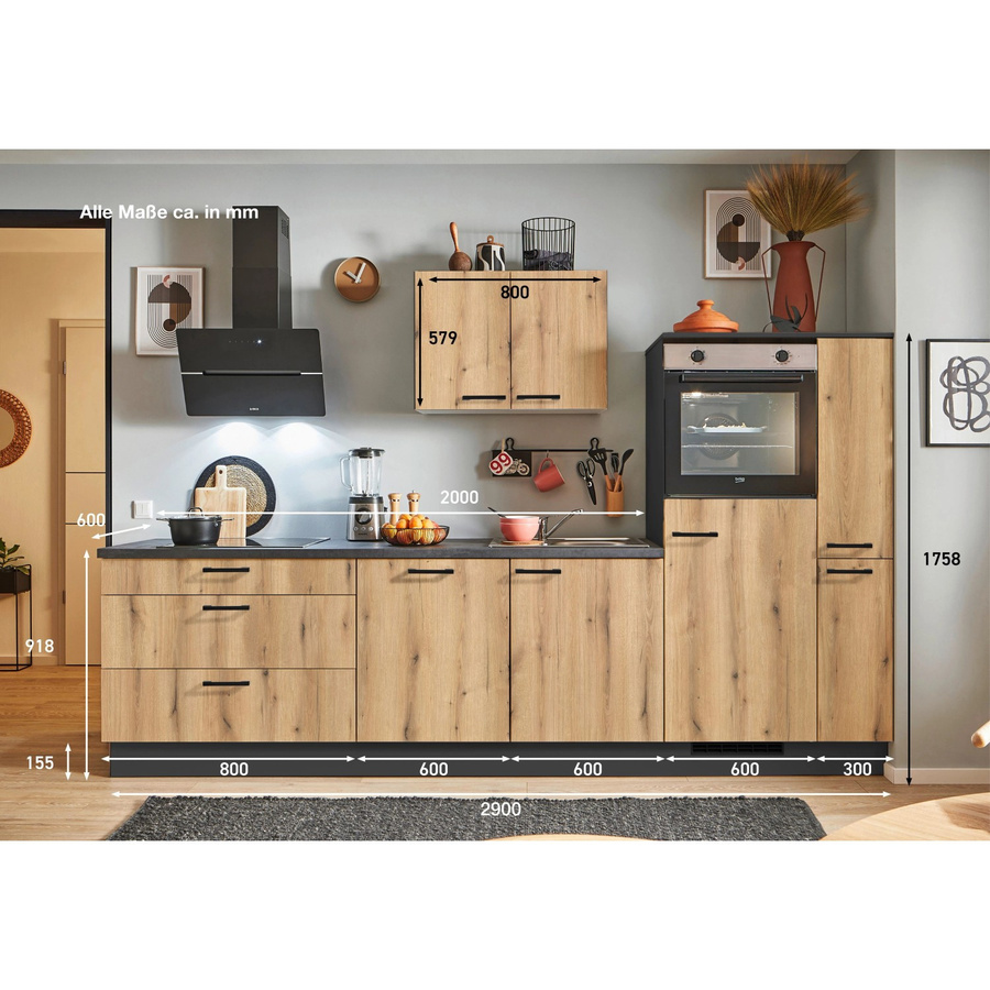 pino Küchenzeile Evoke Eiche mit Anschlag rechts, 1 Geräte- und 1 Seitenschrank, Breite: 290 cm, Höhe: 174 cm, Tiefe: 60 cm - Bild 2