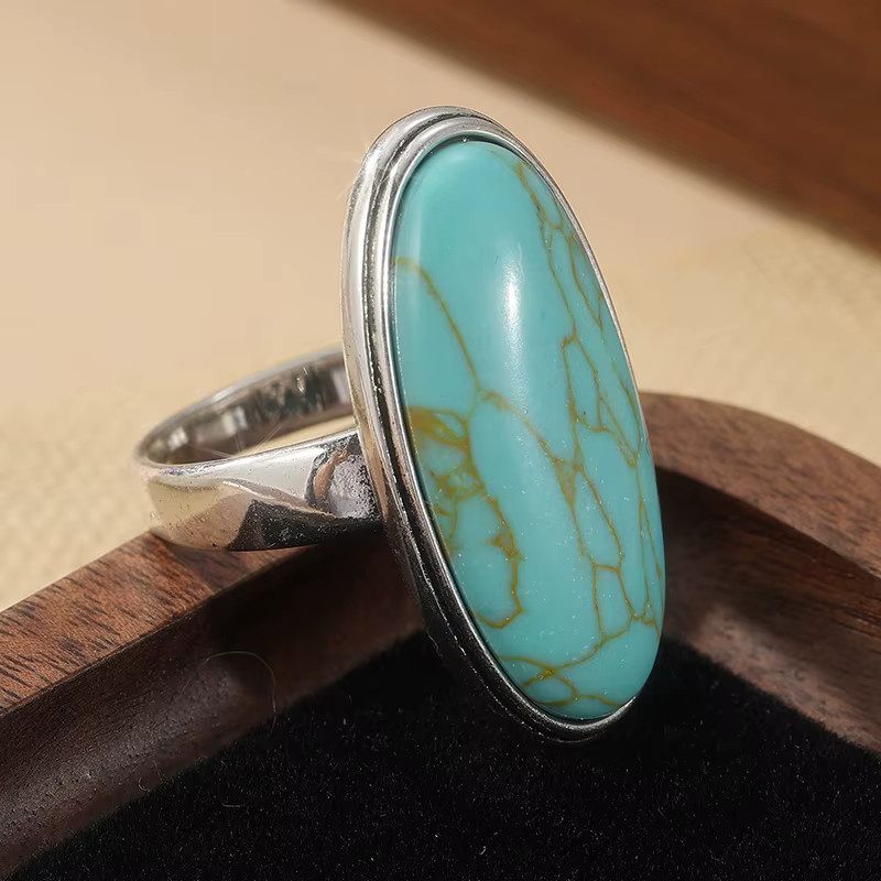 YoYo Ring, ovale synthetische Türkisperlen, versilberte, Damen - Bild 2