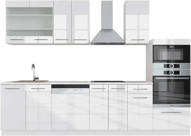 Vicco Fame-Line Küchenzeile in Weiß Hochglanz mit Hochschrank und Marmor-Optik, Breite: 300 cm - Bild 1