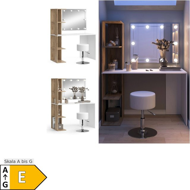 Vicco Schminktisch Tower mit Hollywood-Beleuchtung und Hocker, Weiß/Sonoma, B: 122 cm, T: 55 cm, H: 75,8 cm - Bild 1